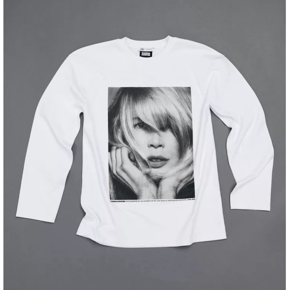 Zara White Vintage Graphic Claudia Schaffer Long Sleeve Graphic Tee Medium